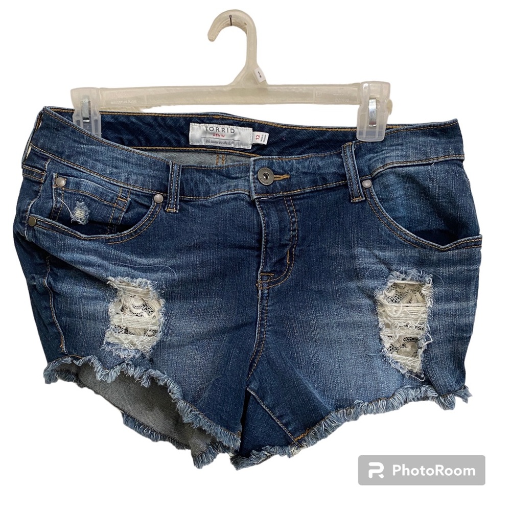 Torrid denim shorts plus size 12 with distressing and peekaboo lace pocket